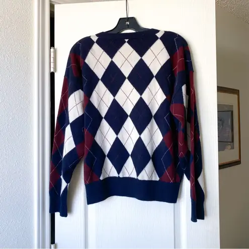 Doen Harlequin Cashmere Sweater Diamond Cream Navy Argyle Medium EUC Blue