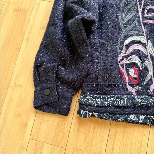 Foxiedox NWT Embroidered Takeo Tweed Frayed Boho Blue Jacket Anthropologie