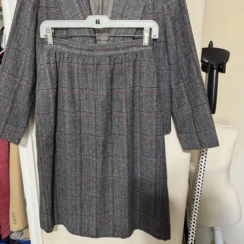 VINTAGE Wool Suit Gray Plaid Adolfo Esprit Jacket skirt career 80s womens Small