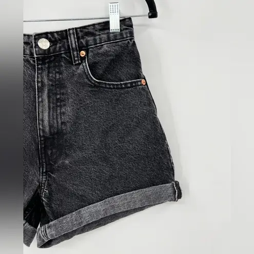 ZARA  High Rise Cuffed Jean Shorts High Waisted Black Acid Stone Wash Zip Size 2