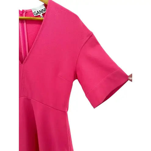Ganni Hot Pink Mini Dress V-Neck Short Sleeve A-Line Scandi Chic Size 38 US 6