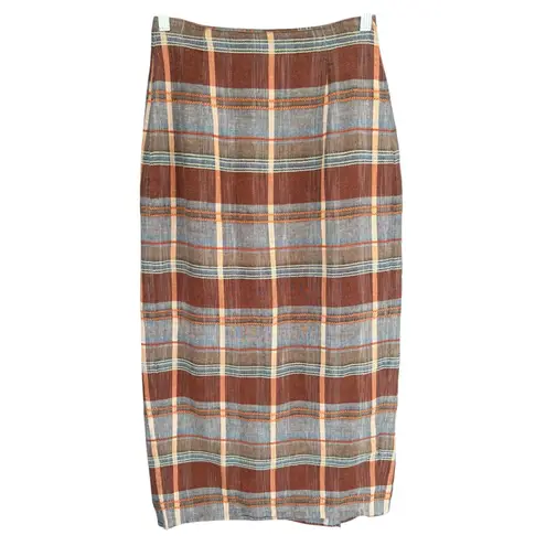 A3 Pied à Terre Brown Plaid Linen Cotton Midi Skirt England Size 12