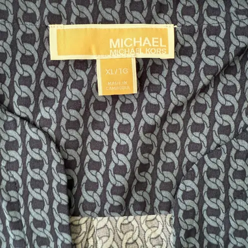 Michael Kors  Women's XL TG Blue Chain Print Tie Sleeve V Neck Blouse Top