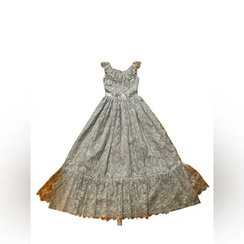 Handmade Vtg 70s White Lace Overlay Blue Satin Sleeveless “Gunne Style” Maxi XS