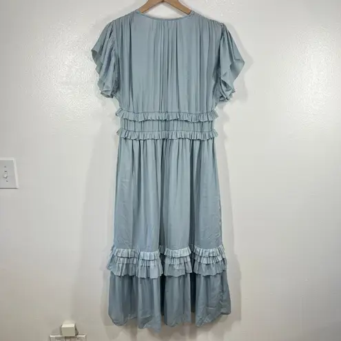 Böhme Ruffle Midi Dress Blue Short Sleeve V