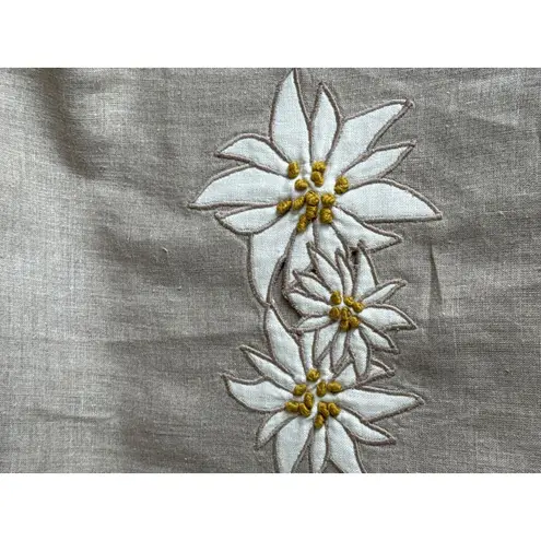 Retro Linen Midi Dress with Floral Appliqué and Puff Sleeve Detail Medium Tan