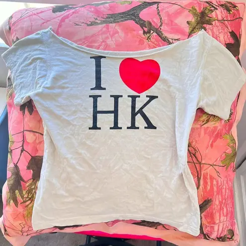y2k i love hong kong cut off shoulder short sleeve t shirt White