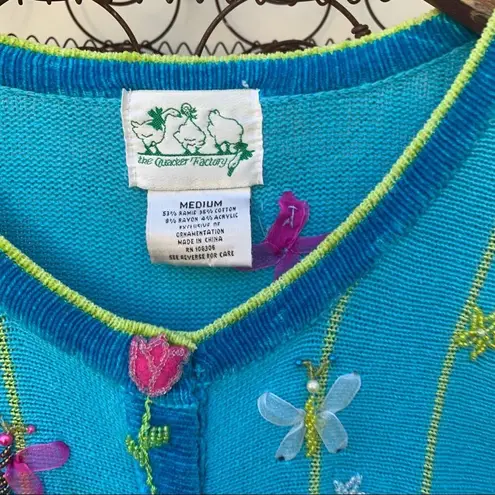 Quacker Factory  blue cardigan spring flowers embroidered embellished MEDIUM