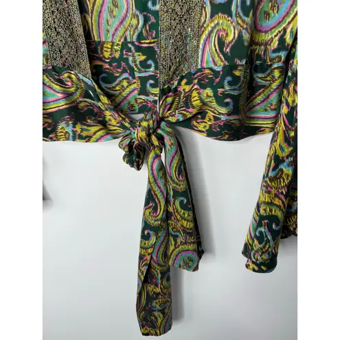 Wendy Hil 100% Silk Paisley Tie Front Boho Disco Glam Bell Sleeve Top L Green Size L