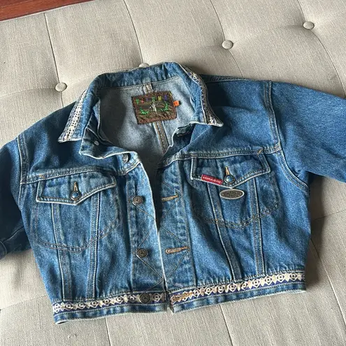 Vienna  Vintage Denim Pattern Trimmed Short Sleeve Denim Jacket Size 7