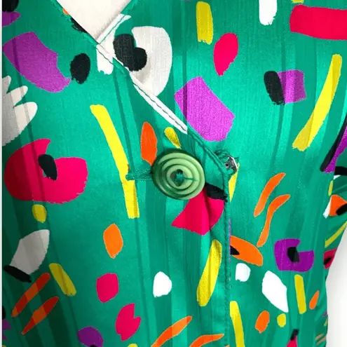 Vintage Howard Wolf Green Abstract Floral Print Mini Dress Ruffle Hem Made USA 6