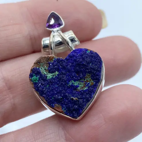 Amethyst Azurite In Malachite Druzy & Solid Sterling Silver Heart Pendant