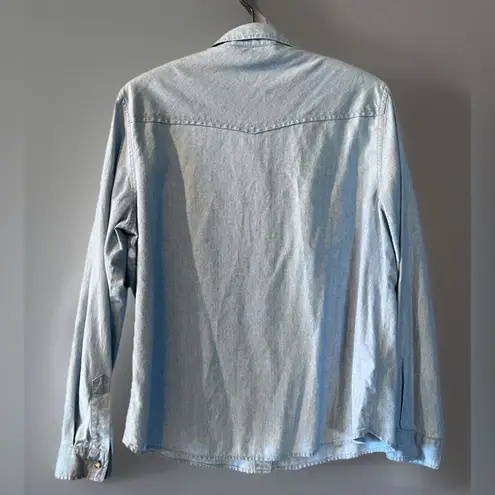 Evan Picone Pearl Snap Denim Jean Shirt Lg Western Rodeo Cowgirl Country Vintage Blue