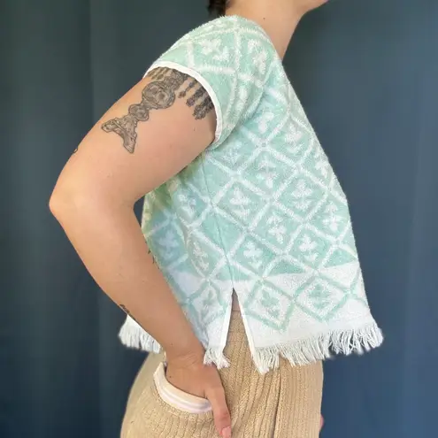 Vintage 70s Seafoam Green & White Fringe Towel Top