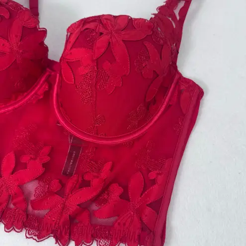Victoria’s Secret Lace Longline Bustier Bra 36C Red Floral Embroidered Lingerie Size undefined