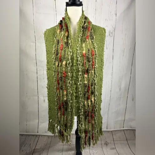 NWT Noelle Scarf Boucle Fuzzy Fringe Green with Multicolored Details Wool Blend