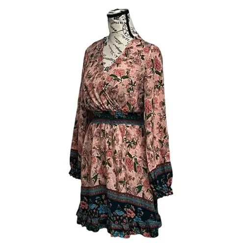 Miss Sparkling GypsyLady Boho Floral Mini Dress Ruffle Hem Boho Peasent Wrap M Tan Size M