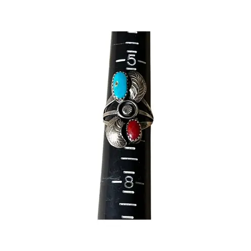 None Vintage sterling silver turquoise and coral Native American ring size 6.5