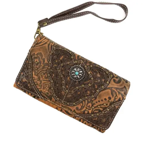 Women Western Floral Damask Medallion Crossbody Wallet Brown