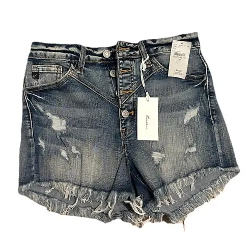 NWT KanCan Button Fly Distressed Cutoff High Rise Stretch Denim Shorts Sz 27 $53 Blue