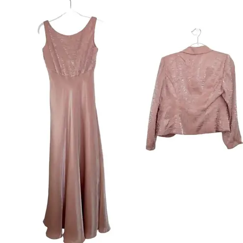 Alex Evenings Vintage Formal Blush Pink Satin Maxi Dress Blazer Set Medium 8P