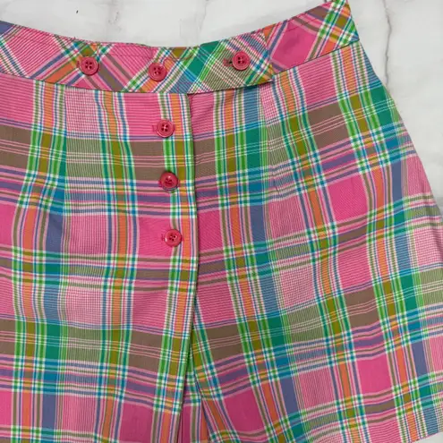 Vintage Womens Bobbie Brooks Plaid Shorts Size S Pink Green 70s High Waist Butto