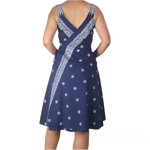 None Navy Blue Wrap Midi Dress Boho Print Fit And Flare A-line Pockets Summer Casual