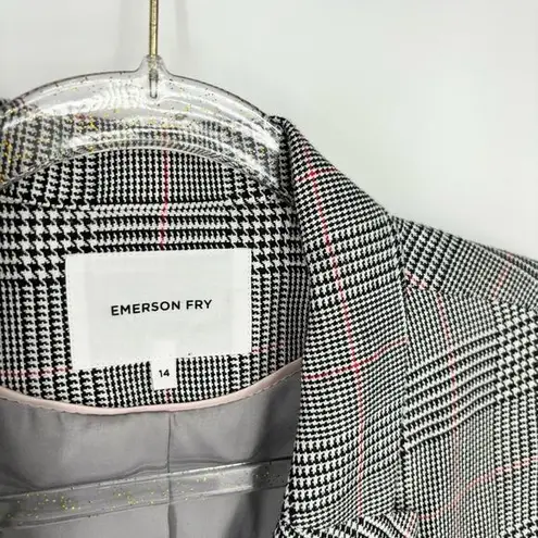Emerson Fry Lee Blazer Jacket Houndstooth Plaid Linen Size 14 Black White