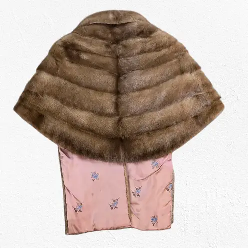 1940s Vintage Mink Fur Capelet Shrug Satin Lined Hollywood Glam Wrap Medium Fit Brown