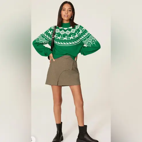 Maje Mascot Sweater Fair-Isle Green & White Knit Blouson Sleeves sz 3 = US 8