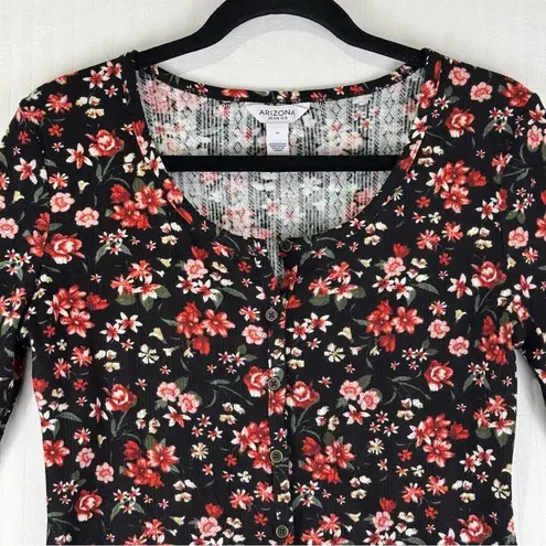 Arizona Jeans Arizona Jean Co. Black Floral Print Button Down Blouse Size Medium Ruffle Hem