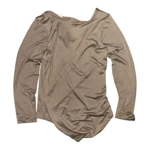 Capella Plus Size Dunkin’ Latte Long Sleeve Split Neck Linen Blend Bodysuit Tan