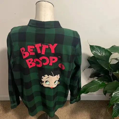 Betty Boop  shacket Hunter Green Black Plaid Shirt button up cotton New top Sz M