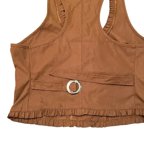 Sleeveless Vest Blouse Brown Ruffle XL
