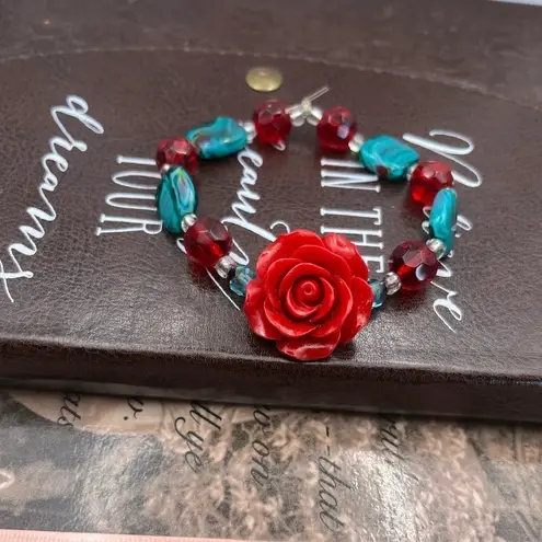 Red Rose Statement Beaded Bracelet – Boho Indie Cottagecore Blue Glass Beads