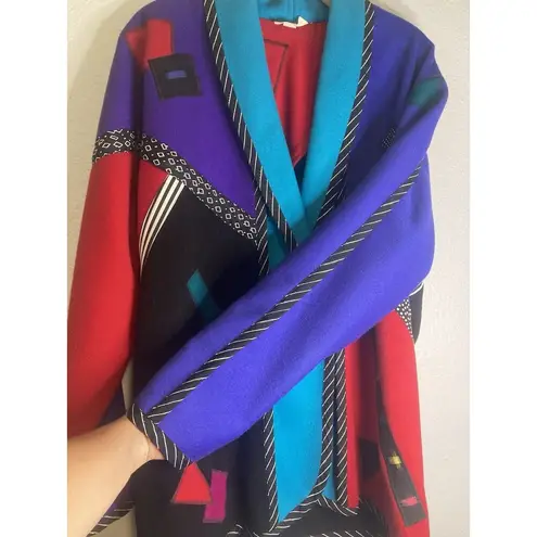 Vintage 90s Wool Color Block Coat L/XL Pop Wearable Art Geometric Pockets Bright Size L