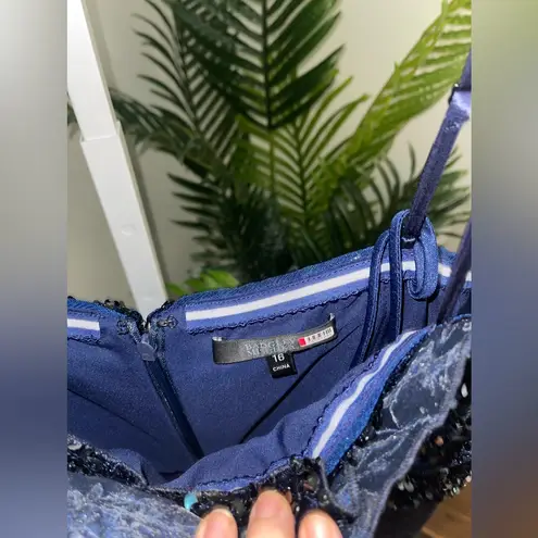 Badgley Mischka Jumpsuit Womens 16 Blue Black Rose Sequin Satin Wide Leg