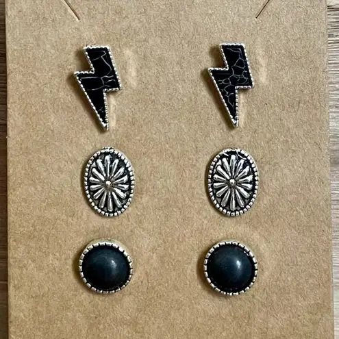 Black Lightning Bolt Earring Set Silver