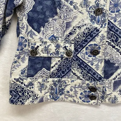 Coldwater Creek Jacket Womens P14 blue & white button up paisley geometric print