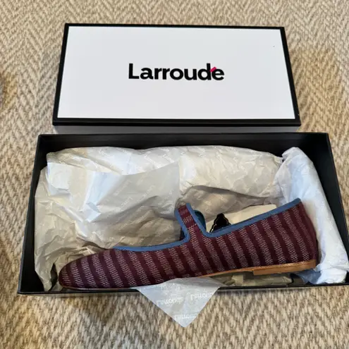 NWT LARROUDE Verona Ballet Flats Awning Stripe Wine & Ribbon Stoned Blue | 8 Purple