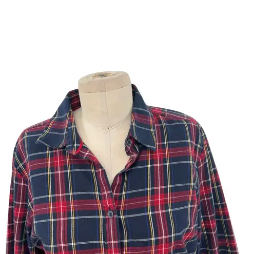 Brooks Brothers Red Fleece Shirt Dress Flannel Plaid Navy Blue Red Size 10