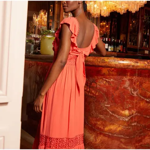 Fat Face Coral Pink Hibiscus Lace Maxi Dress size 4 copper & black