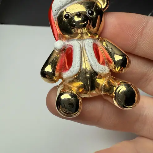 AJC Christmas Teddy Bear In Santa Clause Hat Enamel Brooch Pin Gold Tone Signed