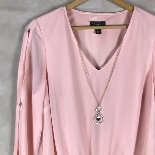 Thalia Sodi Pink Long Sleeve Chiffon Blouse with Necklace MEDIUM