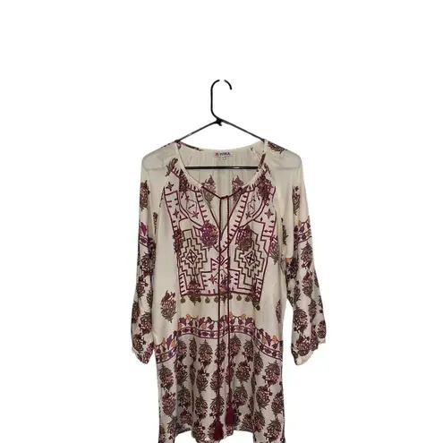 Mira Boho Cream purple and Burgundy brass embellishments Tunic Top Resortwear Red Size L