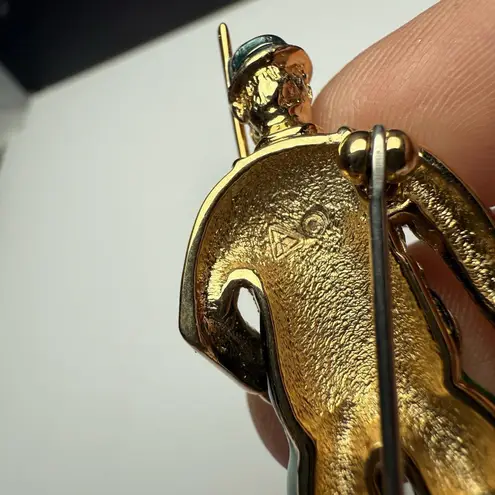 Fisherman Rhinestone Brooch Pin Gold Tone Man Fishing Green Enamel Overalls