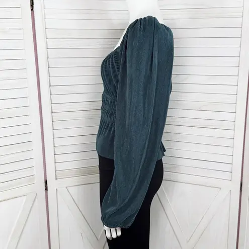 ASTR  The Label Zeva Pleated Balloon Sleeve Smocked Blouse Top Deep Teal Medium