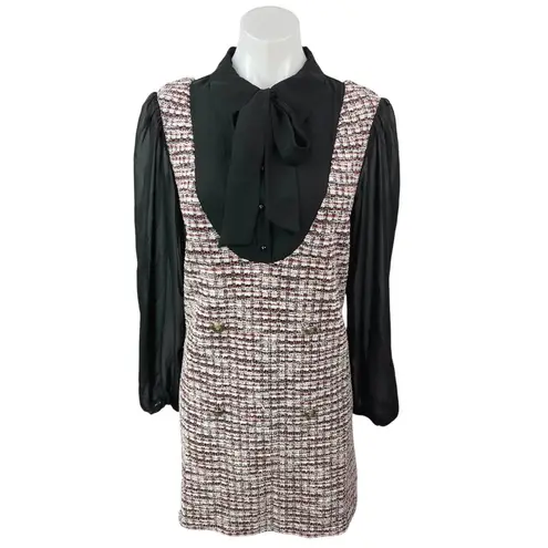 Julia Jordan Black Multicolor Tweed Bow Tie Pinafore Sleeves Mini Shirt Dress 8