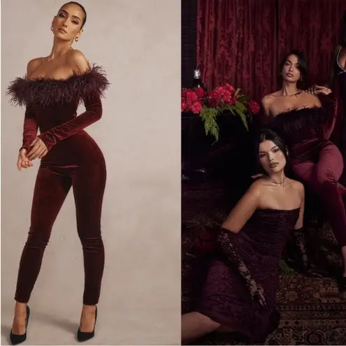 House Of CB Salima Feather Trim Off The Shoulder Long Sleeve Velvet Jumpsuit - Image 3