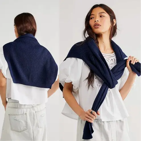 Free People NEW  University Rib Sweater Scarf Knit Navy Prep Faux Wrap Scarf